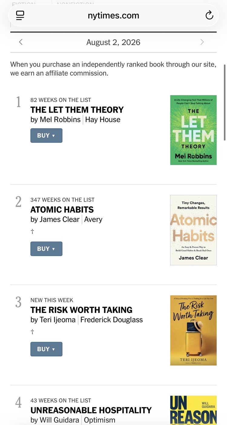 The New York Times bestseller list featuring Teri Ijeoma's The Risk Worth Taking